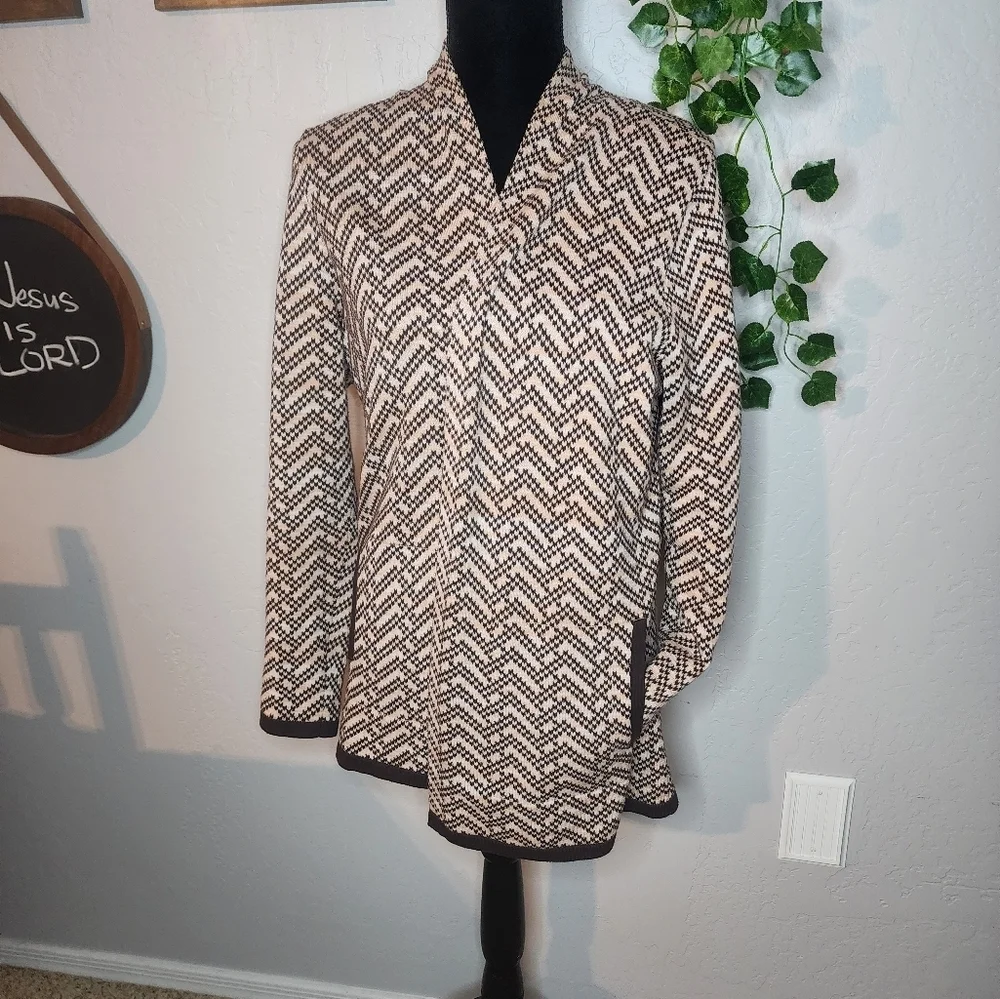 Land's End Brown Chevron Long Cardigan Sweater Size Medium - Picture 1 of 8